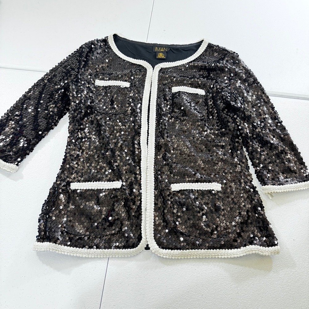 IMAN Sz M Sparkling Black Sequin‎ Embellished Jacket with White Trim 3/4 Sleev